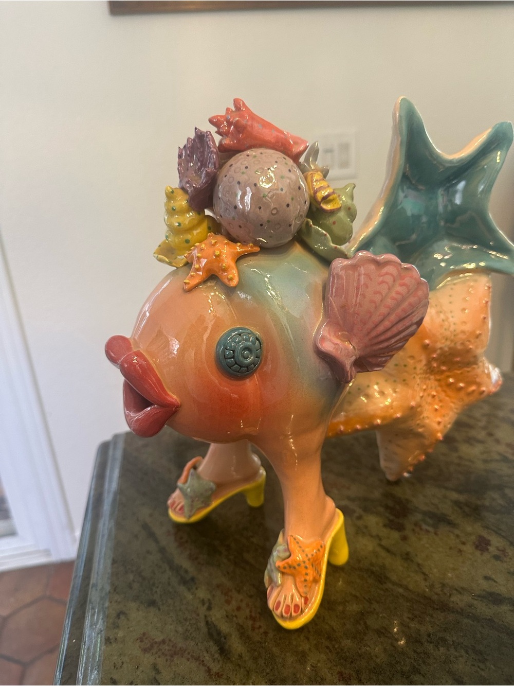 Anthropomorphic Ceramic Fish Figurine with Sea Shell Accents - high heels